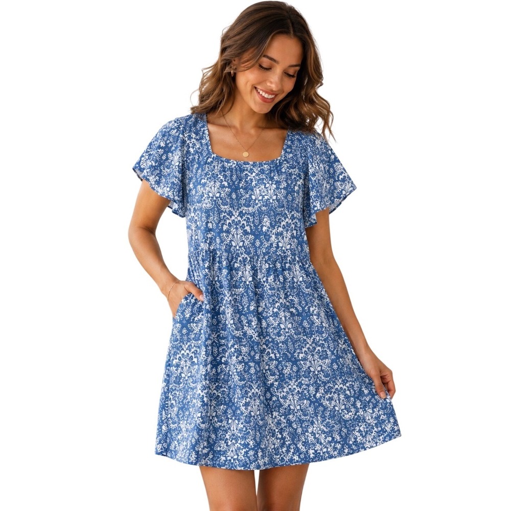 NWT Adora Blue Floral Boho Dress Medium Short Flutter Sleeve Tiered Babydoll
